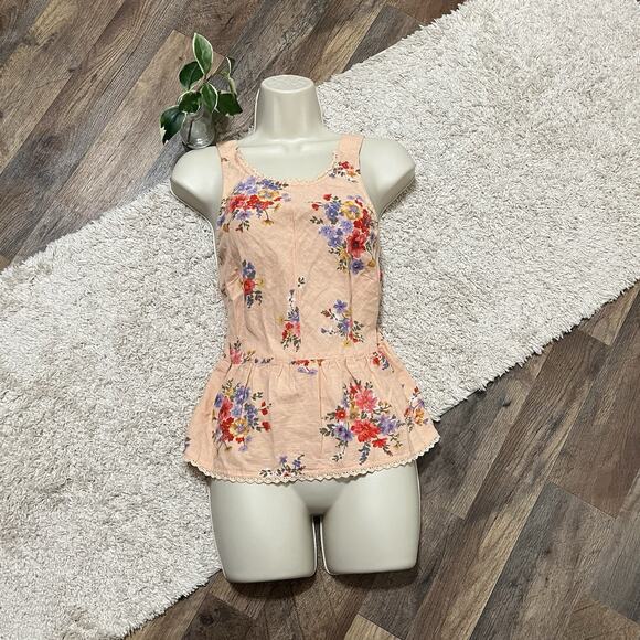 American Eagle Outfitters Tops - American Eagle Medium Peach Floral Lace Crochet Trim Linen Peplum Tank Top